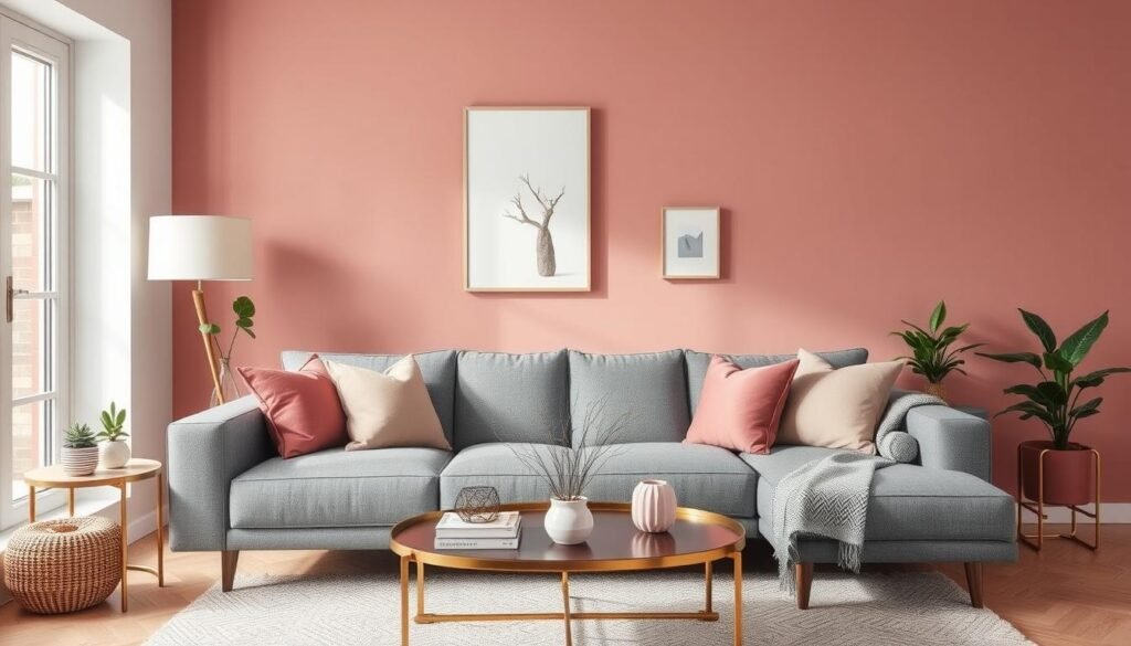 Living room with a dusty rose accent wall and complementary furniture