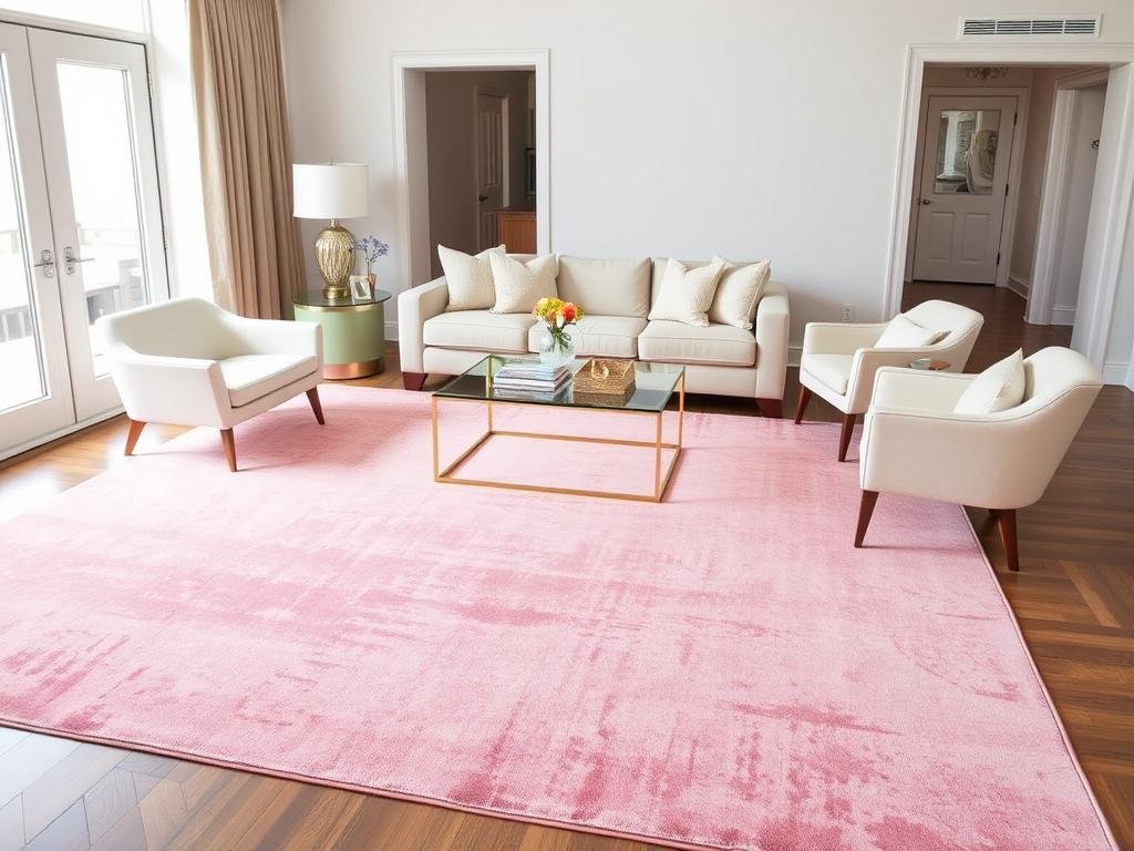 Living room with a large pink area rug anchoring neutral furniture