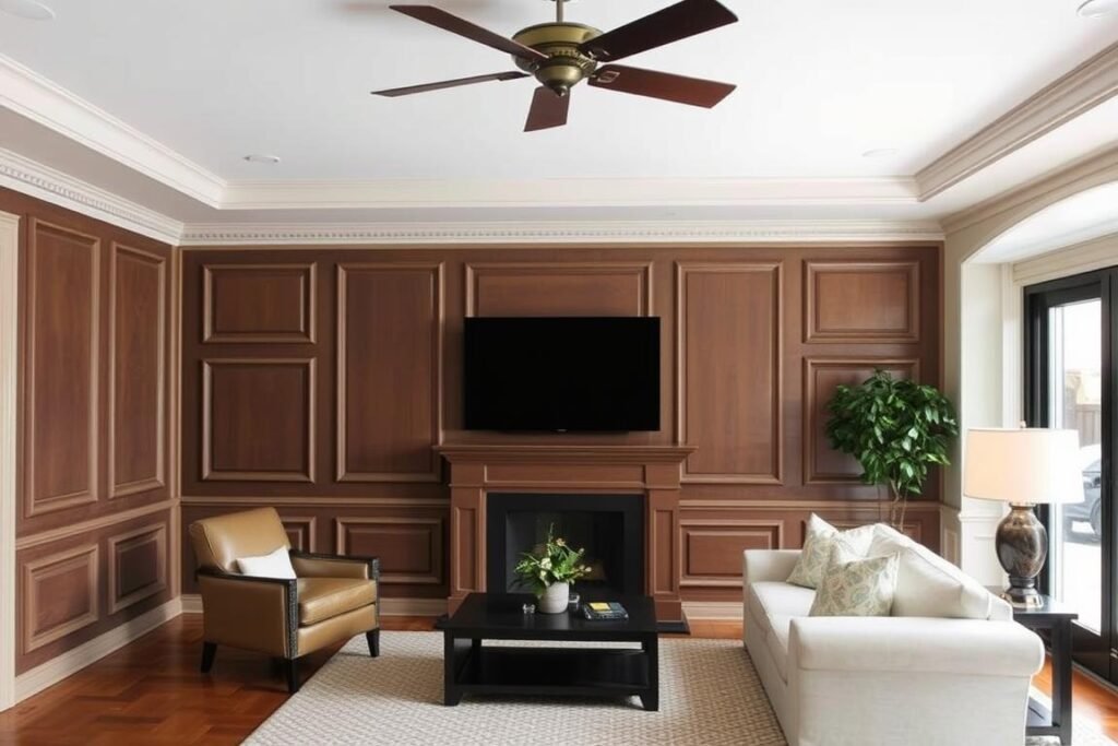 Living room with architectural wall paneling adding character and dimension Living room with architectural wall paneling adding character and dimension