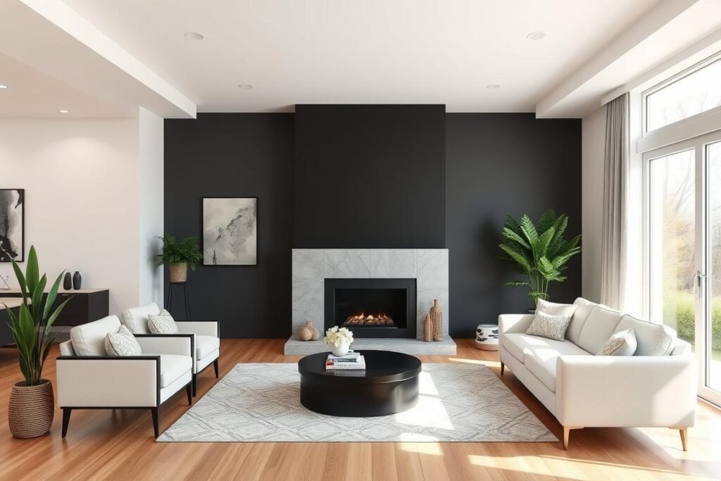 Living room with black accent wall highlighting a fireplace Living room with black accent wall highlighting a fireplace