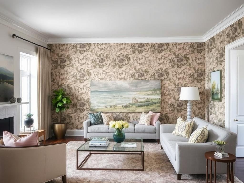 Living room with bold patterned wallpaper as focal point Living room with bold patterned wallpaper as focal point