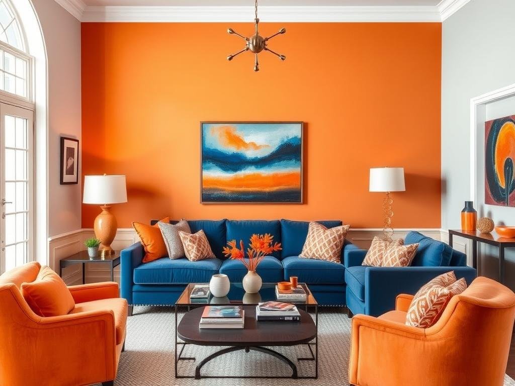 Living room with complementary blue and orange color scheme