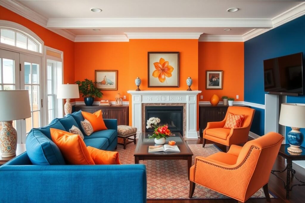Living room with complementary color scheme of blue and orange