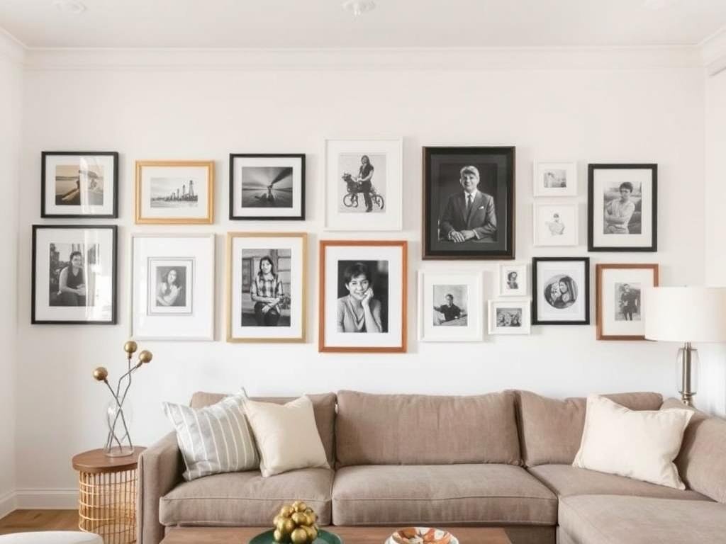Living room with curated gallery wall displaying art and photographs Living room with curated gallery wall displaying art and photographs