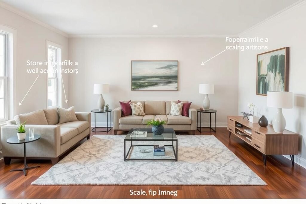 Living room with furniture and decor in proper scale and proportion