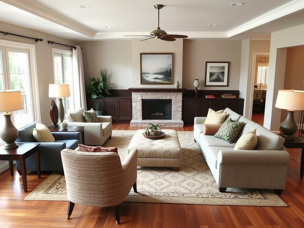 Living room with furniture arranged in conversation groupings Living room with furniture arranged in conversation groupings