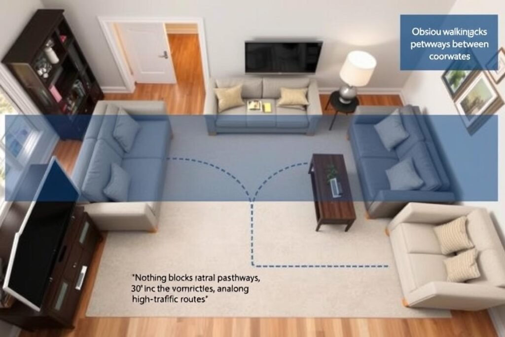 Living room with furniture arranged to create clear pathways for movement Living room with furniture arranged to create clear pathways for movement
