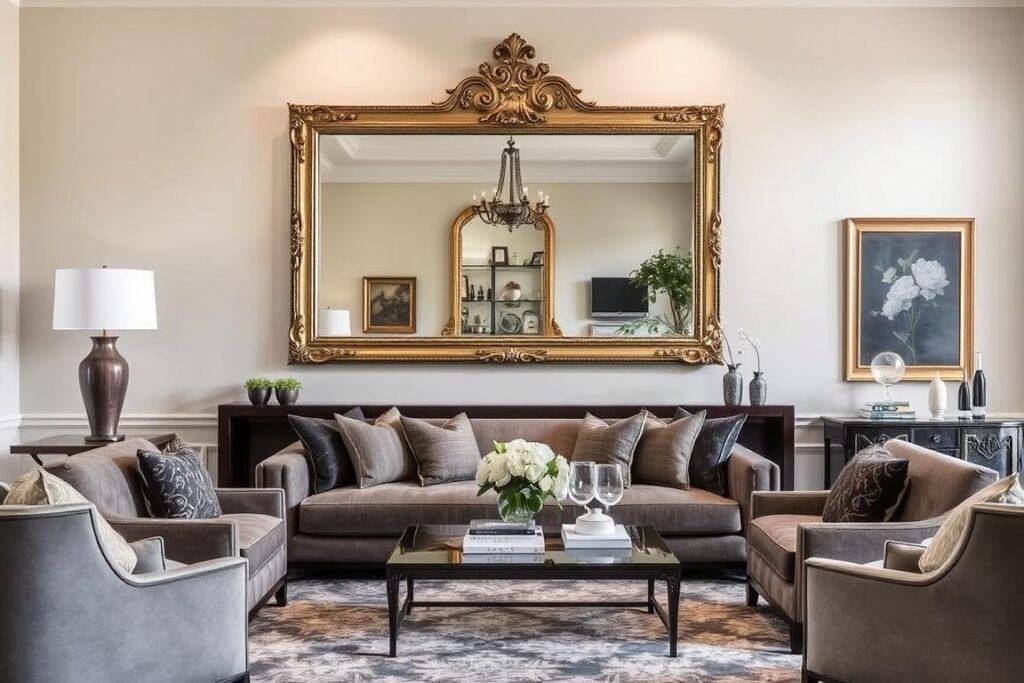 Living room with large oversized mirror creating dramatic focal point Living room with large oversized mirror creating dramatic focal point