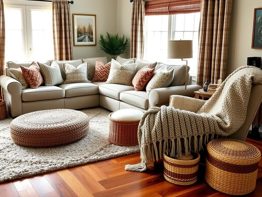 Living room with layered textures including throw pillows, blankets, and rugs