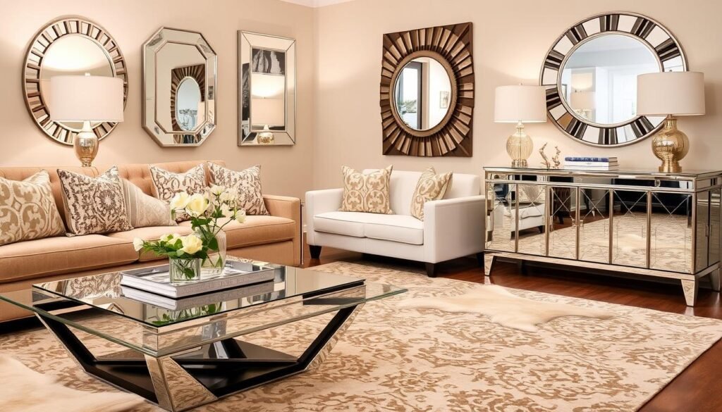 Living room with mirrored coffee table and console complementing wall mirrors Living room with mirrored coffee table and console complementing wall mirrors