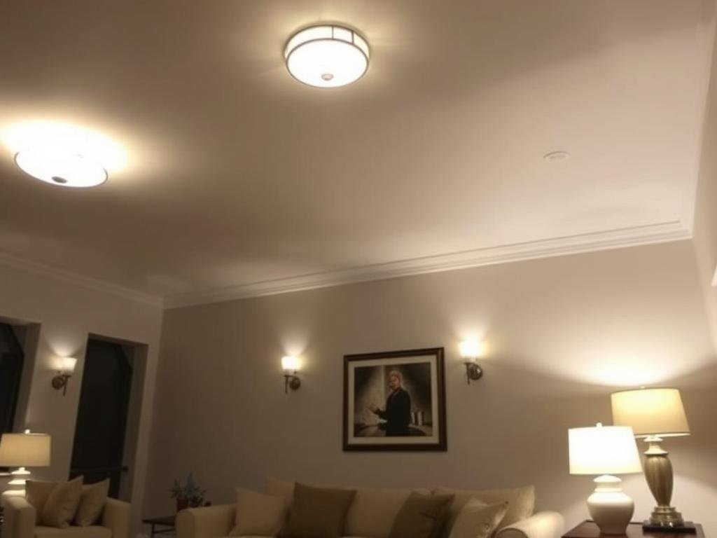 Living room with multiple light sources at different heights creating dimension Living room with multiple light sources at different heights creating dimension