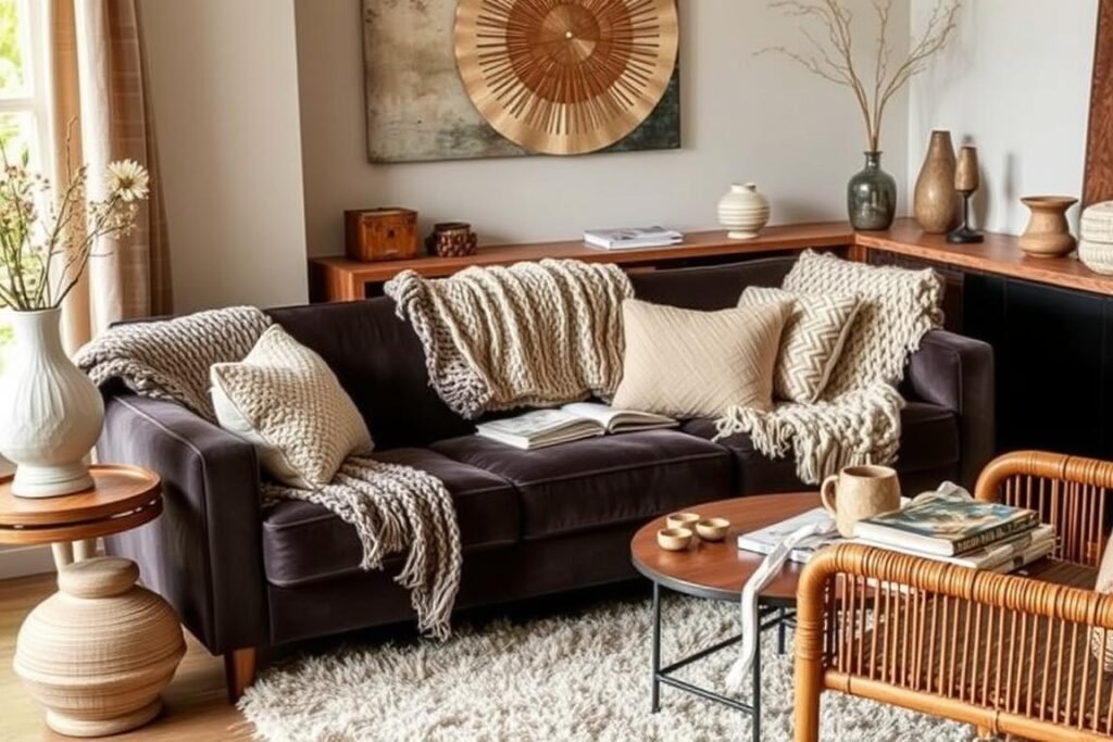 Living room with multiple textures through textiles, materials, and surfaces Living room with multiple textures through textiles, materials, and surfaces