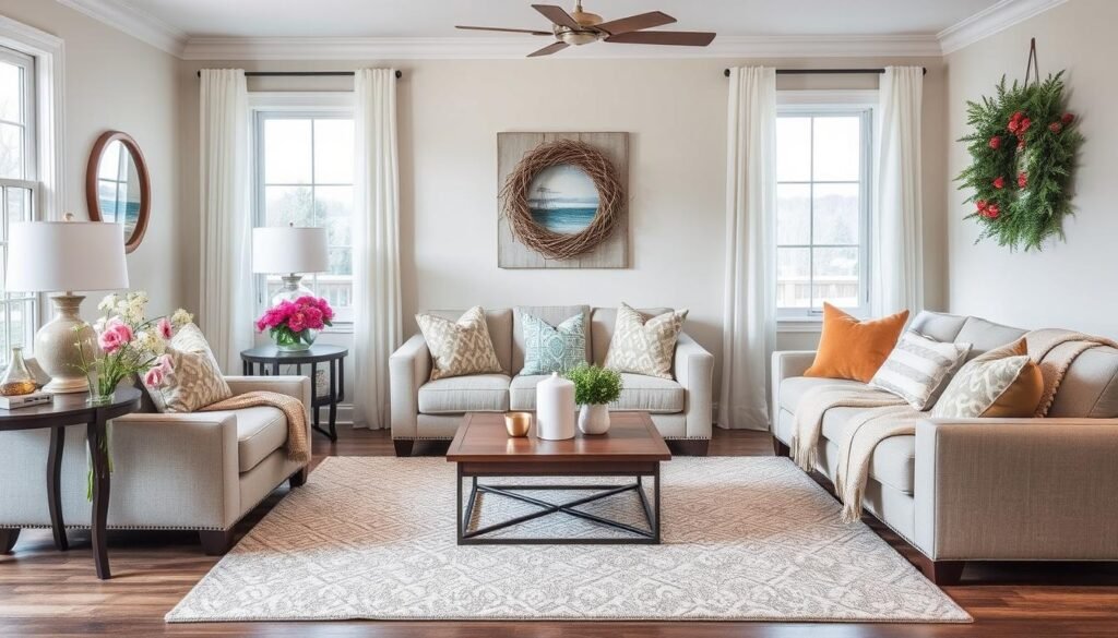 Living room with seasonal decoration elements that can be easily changed