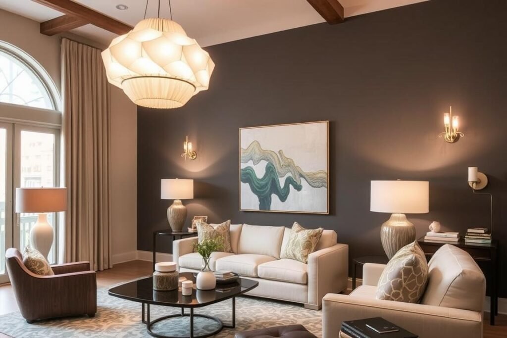 Living room with statement lighting fixtures that serve as decorative elements Living room with statement lighting fixtures that serve as decorative elements