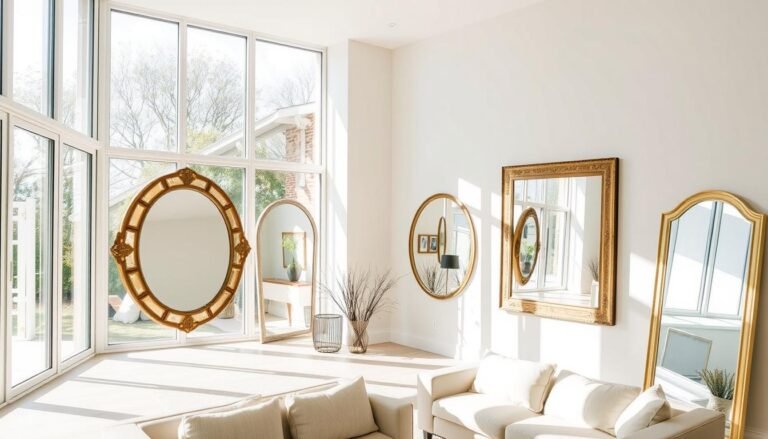 Living room with strategically placed mirrors reflecting natural light