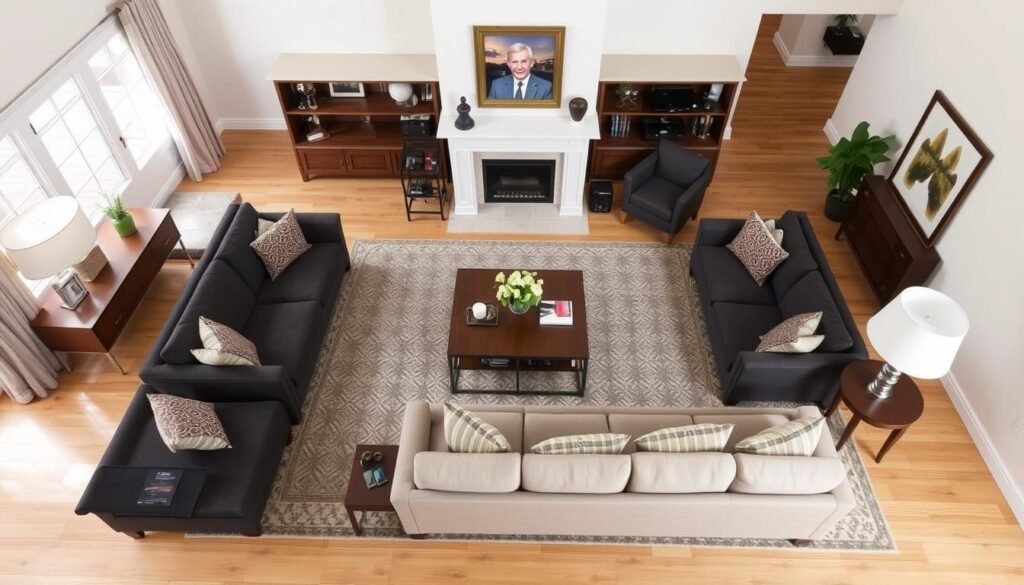 Living room with well-arranged furniture creating conversation areas and flow Living room with well-arranged furniture creating conversation areas and flow