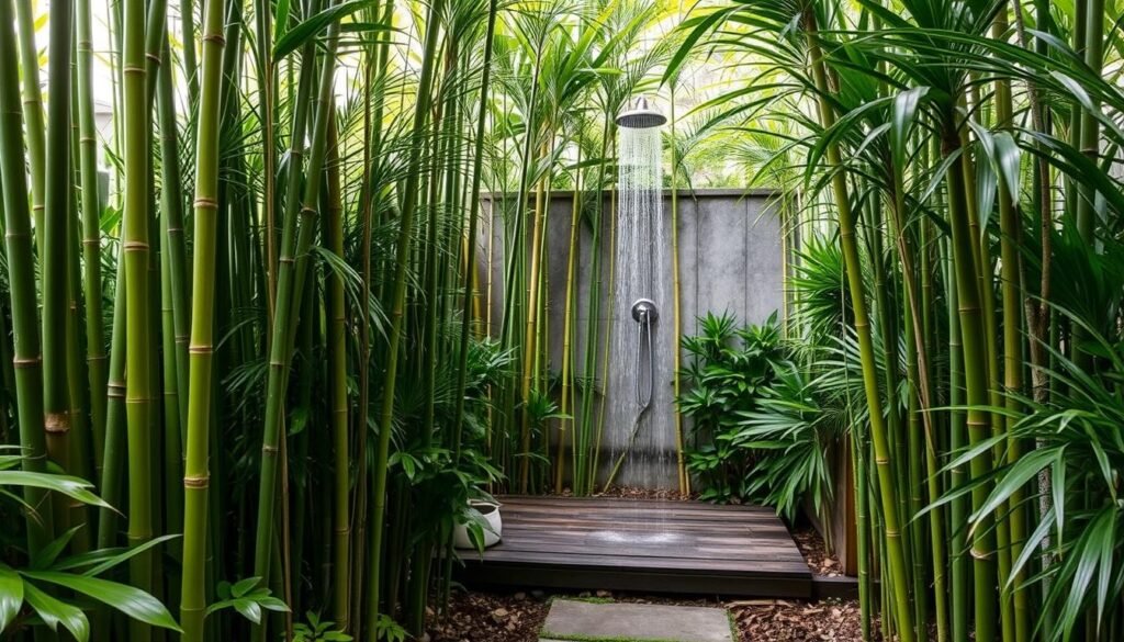 Lush outdoor shower surrounded by tall bamboo plants and tropical foliage Lush outdoor shower surrounded by tall bamboo plants and tropical foliage