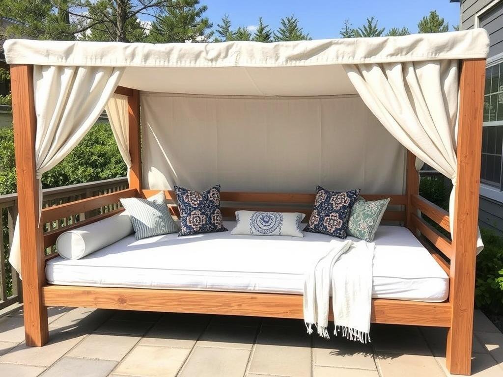 Luxurious DIY outdoor daybed with canopy and cushions