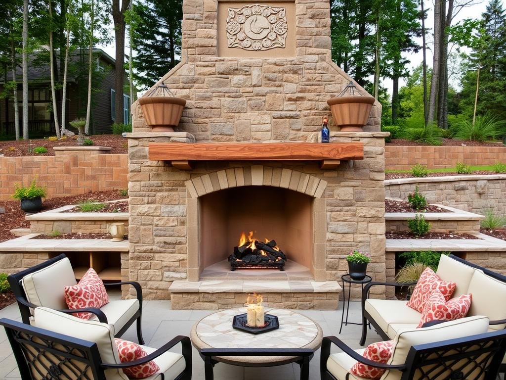 Luxurious built-in stone outdoor fireplace on a patio with seating