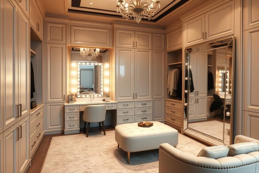 Luxurious dressing room with vanity mirror and full-length mirror Luxurious dressing room with vanity mirror and full-length mirror