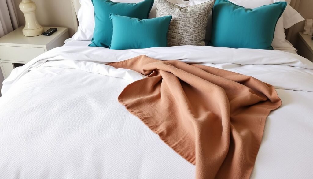 Luxurious layered bedding with multiple textures and throw pillows