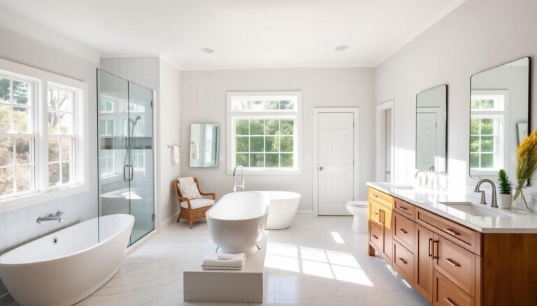 Luxurious master bathroom with freestanding tub, walk-in shower, and double vanity