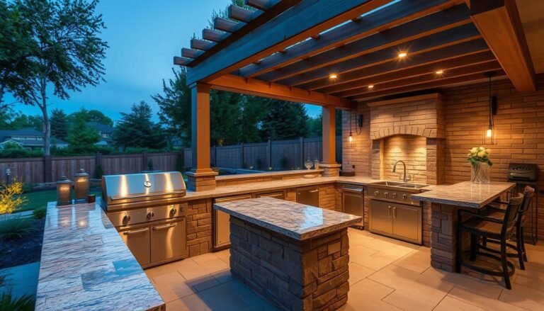 Luxurious outdoor kitchen with stone countertops, built-in grill, and seating area under pergola