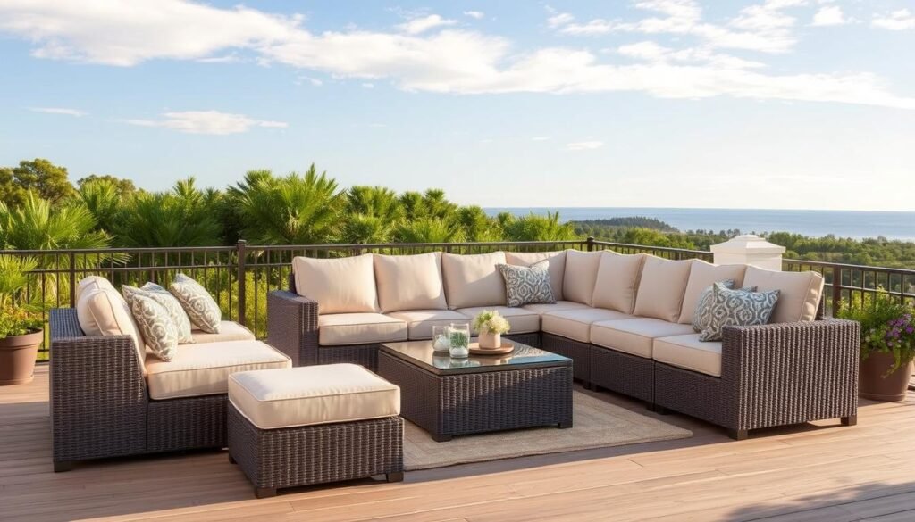 Luxurious outdoor sectional sofa set with coffee table on a spacious patio