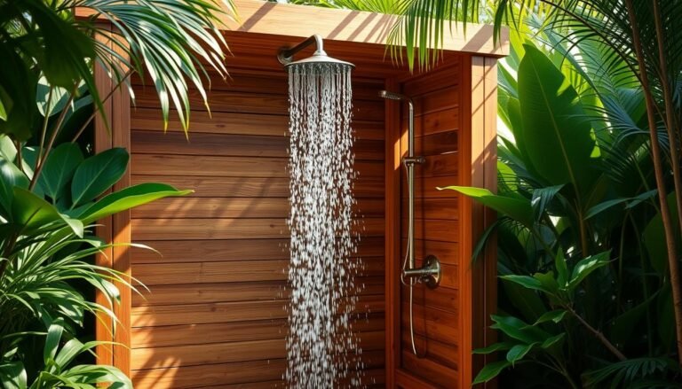 Luxurious outdoor shower with wooden enclosure surrounded by lush greenery
