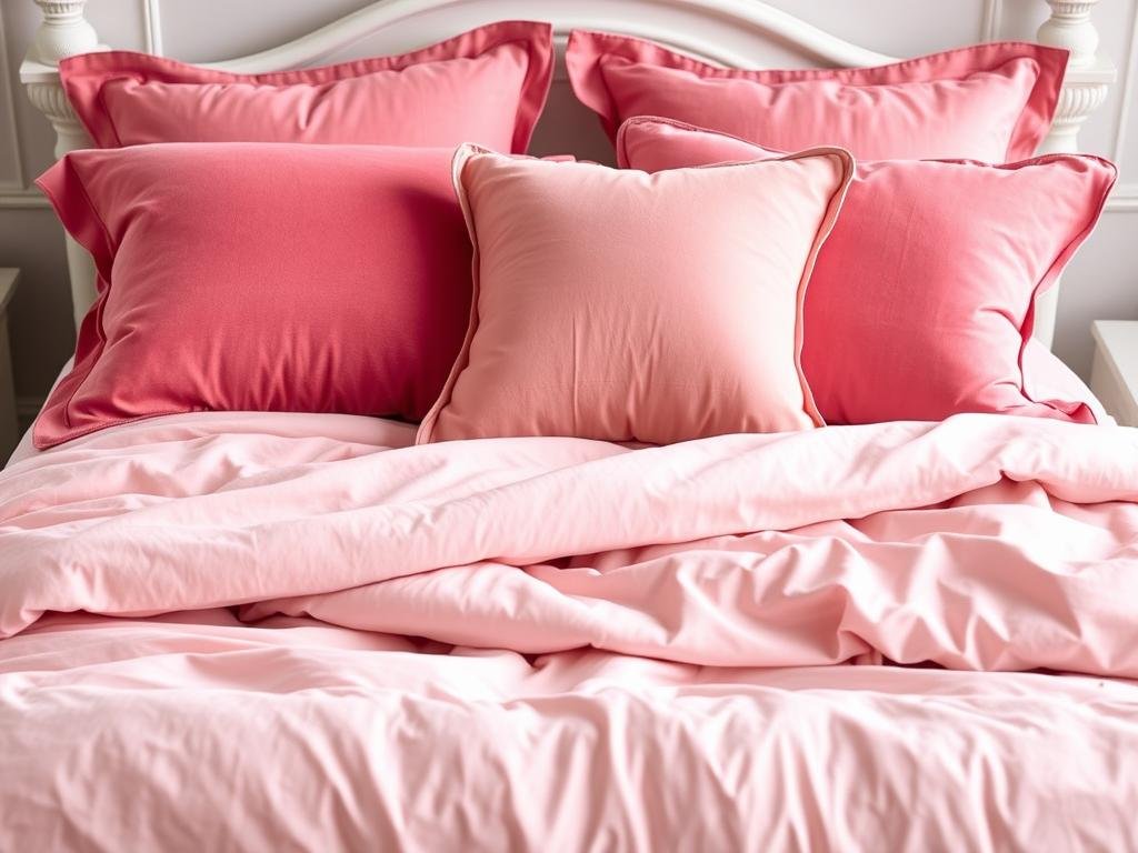 Luxurious pink bedding with multiple textures and throw pillows