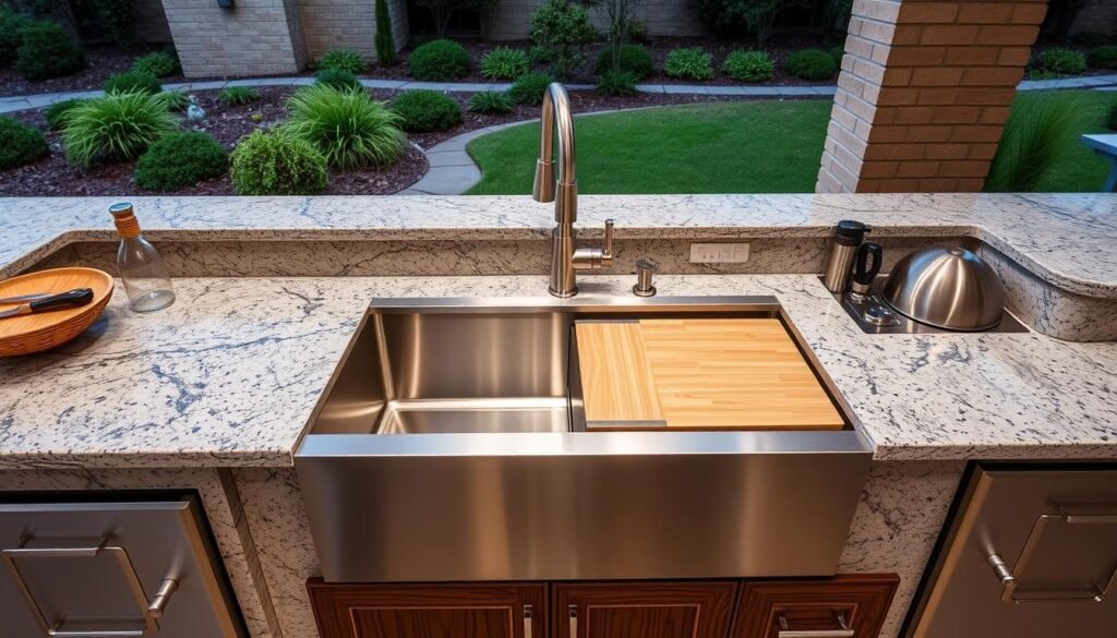 Luxury outdoor kitchen sink and prep station with premium fixtures