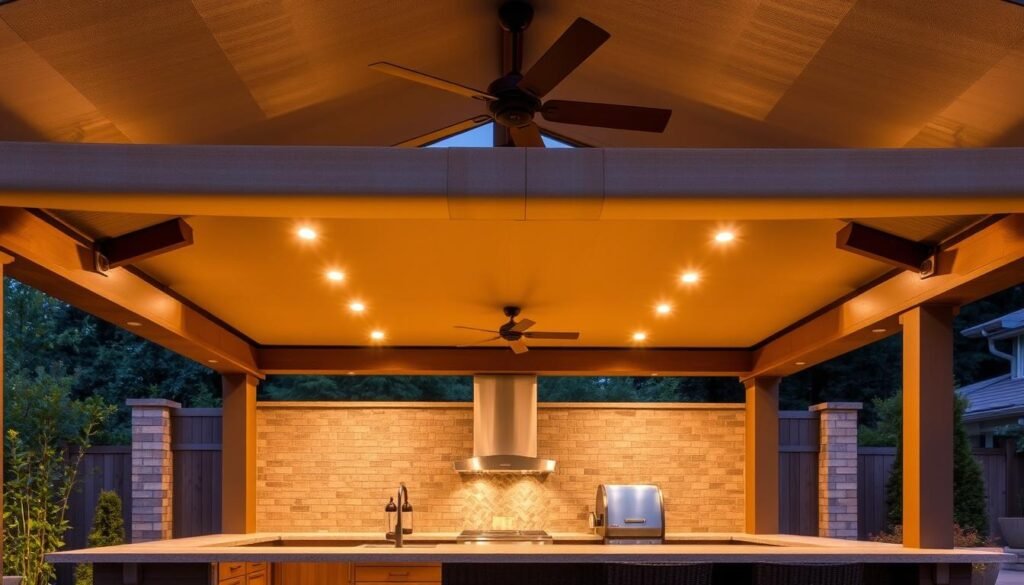 Luxury outdoor kitchen under an elegant pergola with retractable canopy and integrated lighting