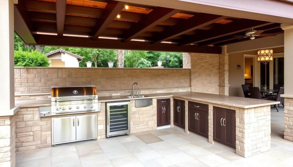 Luxury outdoor kitchen with built-in grill, countertops, and dining area