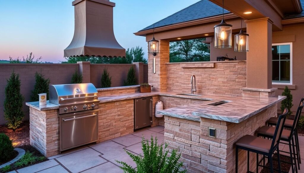 Luxury outdoor kitchen with grill, countertops, and bar seating
