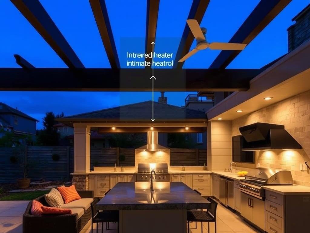 Luxury outdoor kitchen with integrated heating and cooling systems for year-round use