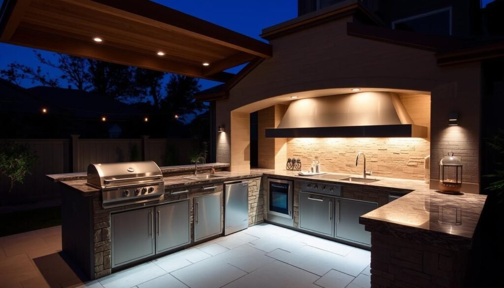 Luxury outdoor kitchen with layered lighting including task lights, ambient lighting, and feature illumination
