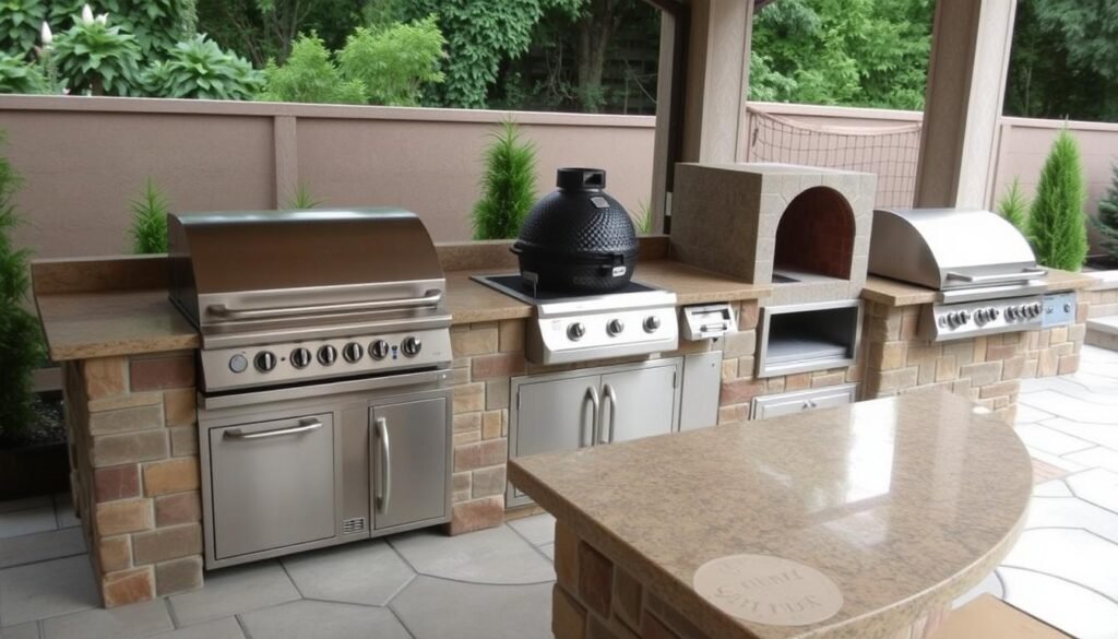 Luxury outdoor kitchen with multiple cooking appliances including grill, smoker and pizza oven