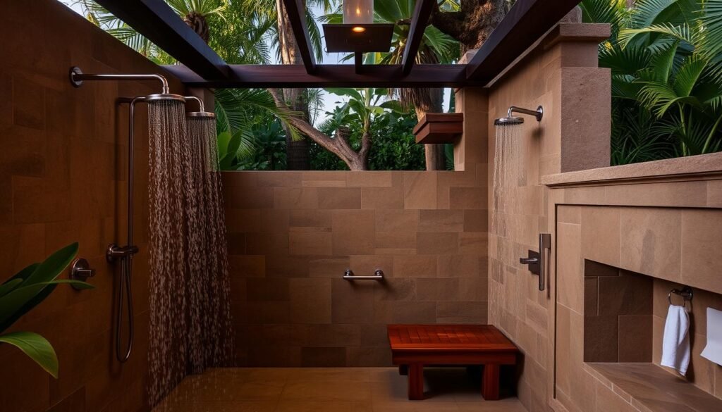 Luxury outdoor shower with multiple rainfall showerheads and stone walls