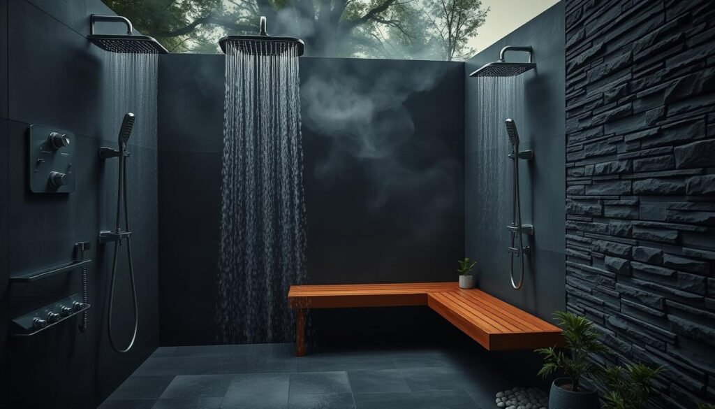 Luxury spa-inspired outdoor shower with multiple shower heads and teak bench