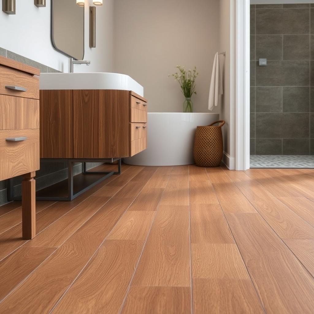 Luxury vinyl tile flooring in a modern master bathroom Luxury vinyl tile flooring in a modern master bathroom