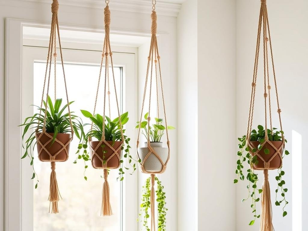 Macrame plant hangers with potted plants by a window Macrame plant hangers with potted plants by a window