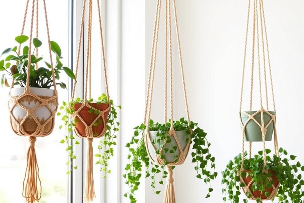 Macrame-style crochet plant hangers with potted plants Macrame-style crochet plant hangers with potted plants
