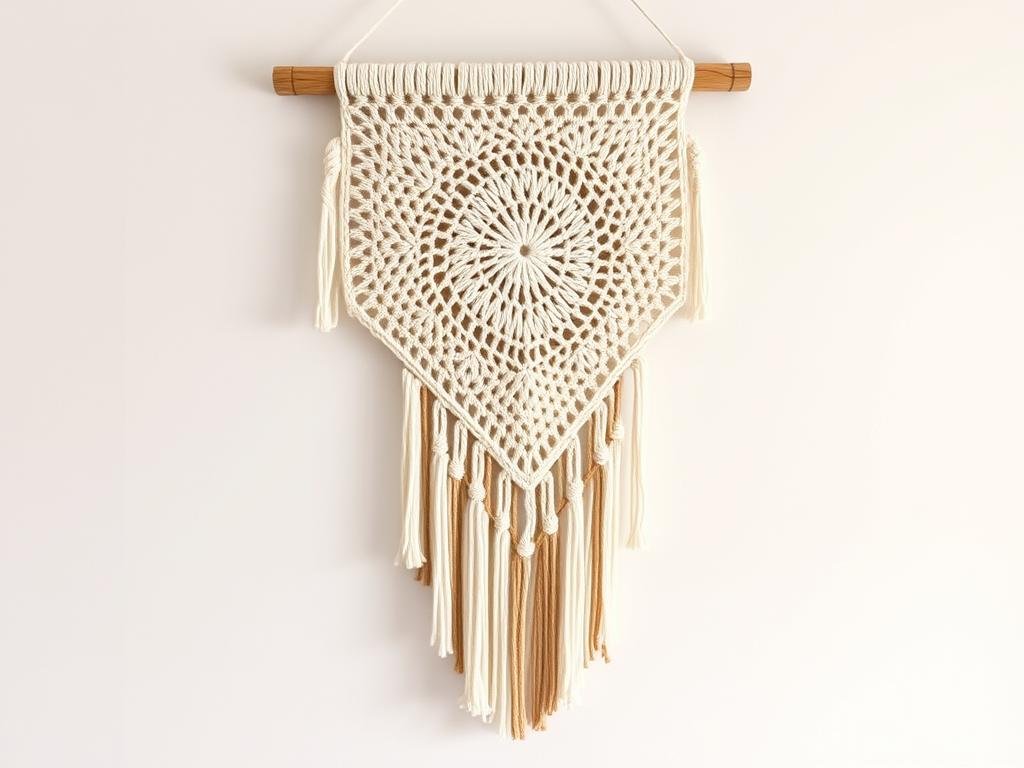 Macrame-style crochet wall hanging with geometric pattern in neutral colors Macrame-style crochet wall hanging with geometric pattern in neutral colors