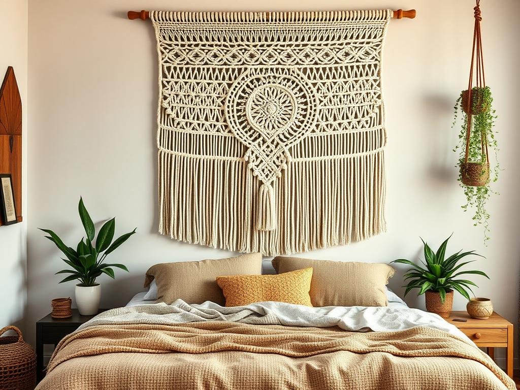 Macrame wall hanging in a boho-styled bedroom Macrame wall hanging in a boho-styled bedroom