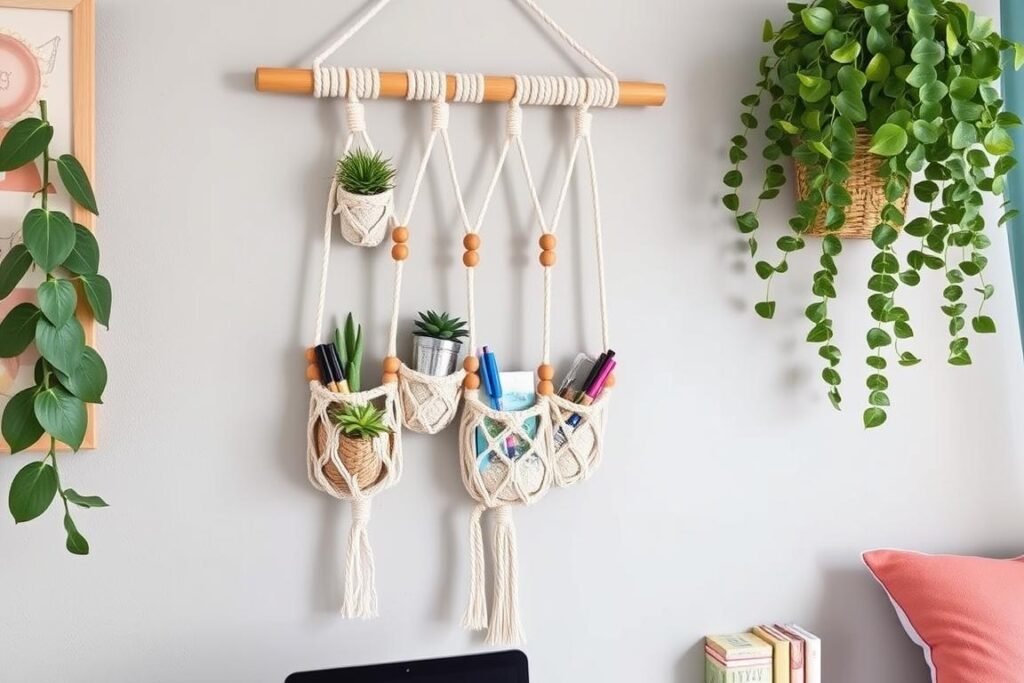Macramé wall hanging with pockets for organizing small items Macramé wall hanging with pockets for organizing small items