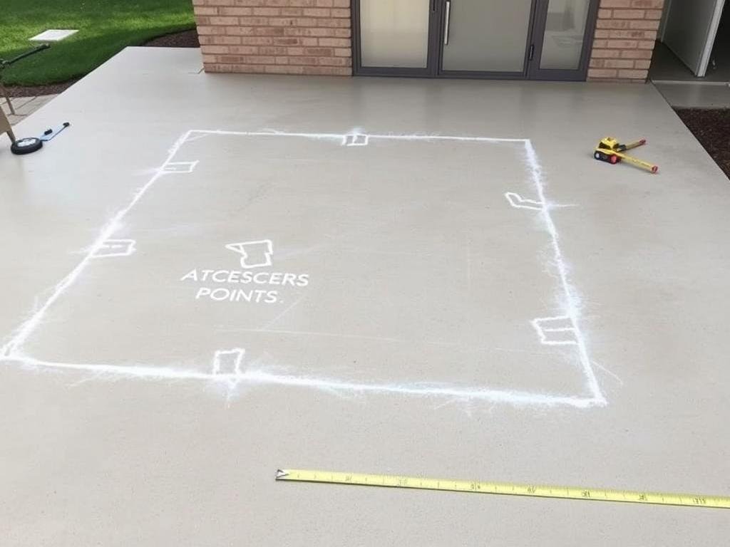 Marked outdoor kitchen foundation with utility access points