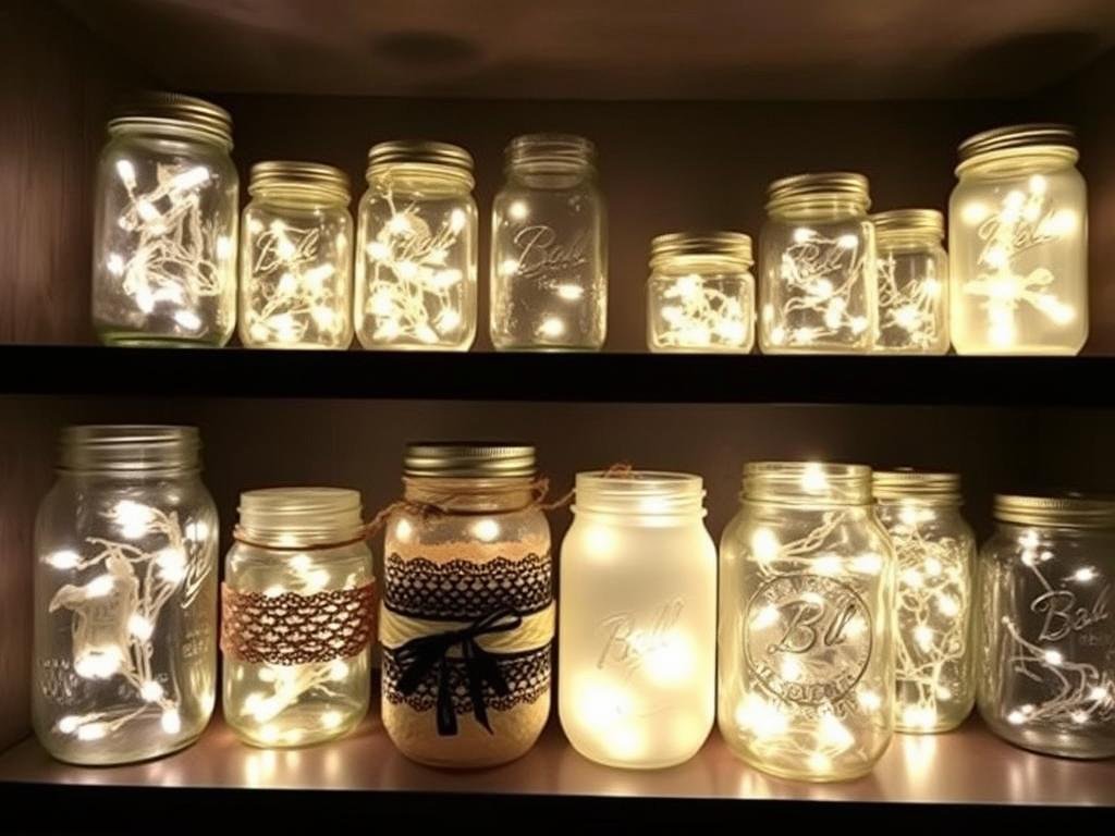 Mason jar lights with fairy lights inside creating ambient glow, easy diy room decor for cozy atmosphere Mason jar lights with fairy lights inside creating ambient glow, easy diy room decor for cozy atmosphere