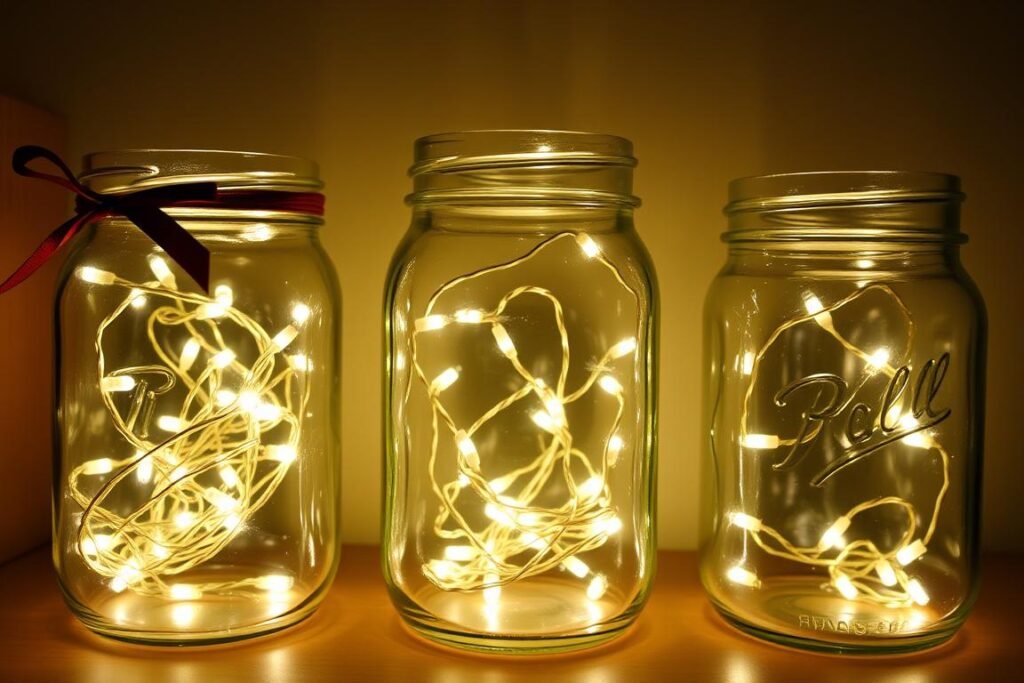 Mason jars with fairy lights inside creating a magical glow Mason jars with fairy lights inside creating a magical glow