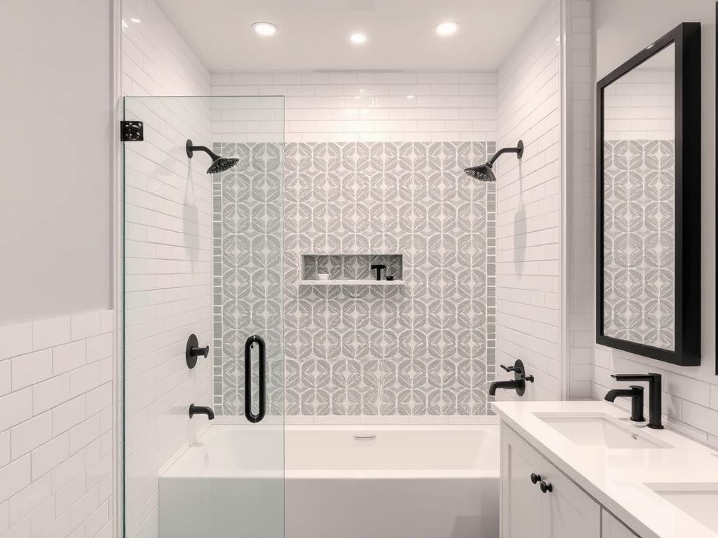 Master bathroom featuring bold geometric tile accent wall in shower Master bathroom featuring bold geometric tile accent wall in shower