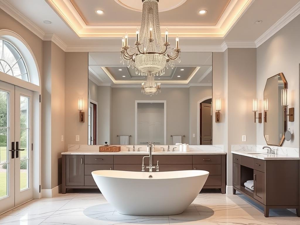 Master bathroom with statement chandelier over freestanding tub Master bathroom with statement chandelier over freestanding tub